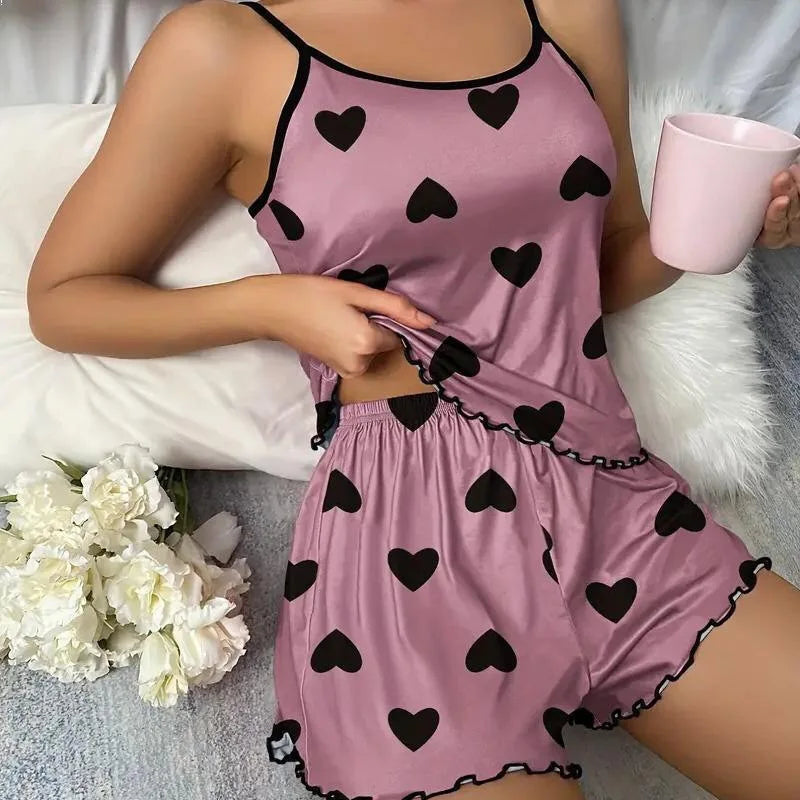Summer Ladies Sleepwear Set Pink Heart Print round Neck Strap Top Ice Silk Comfortable Short Pants Sexy Sleepwear for Women