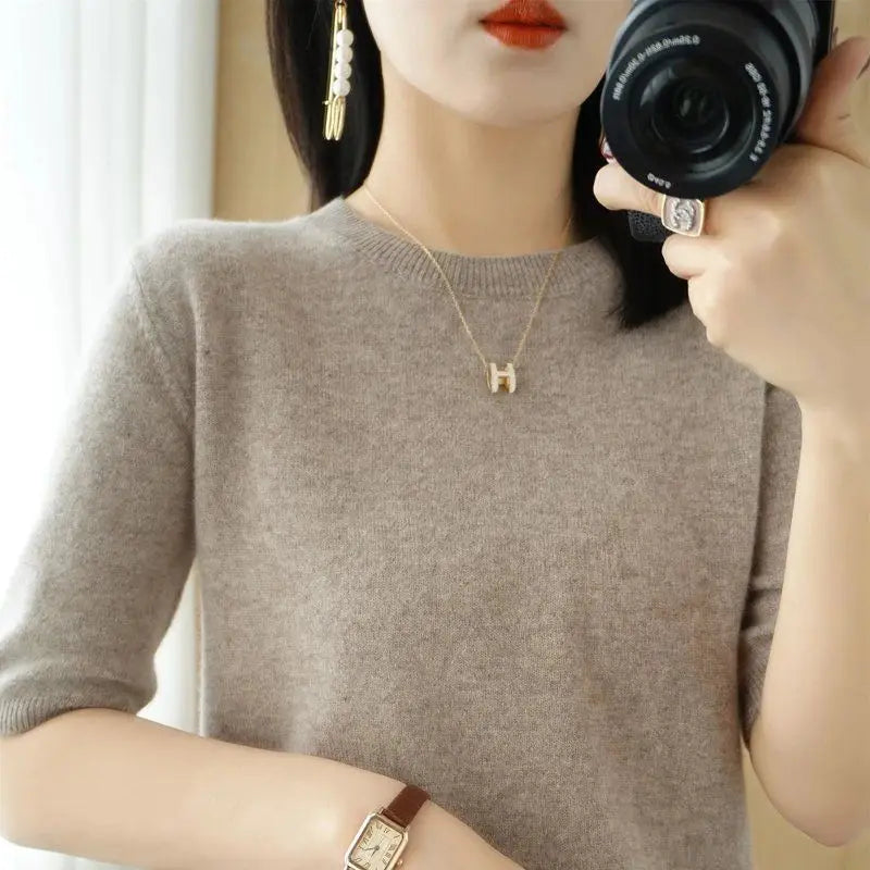 Women Clothing Elegant Fashion O-neck Half Sleeve T-shirts Spring Summer Casual All-match Solid Undershirt Office Lady Knit Tops