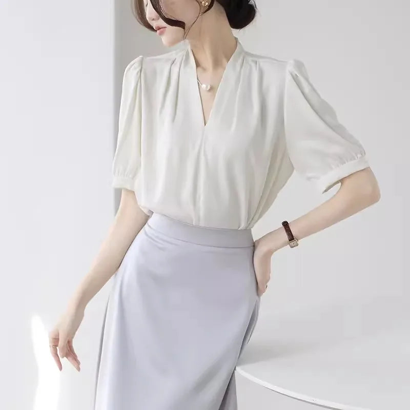 2025 Fashion Summer Short Sleeve V-Neck Women Blouse White Blouse Shirt Women Tops Blouses Shirts Blusas De Mujer Camisas P856