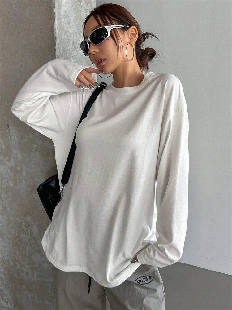Women Basic Long Sleeve Loose O-neck T-shirt Autumn Winter Solid Color Tee Top Streetwear