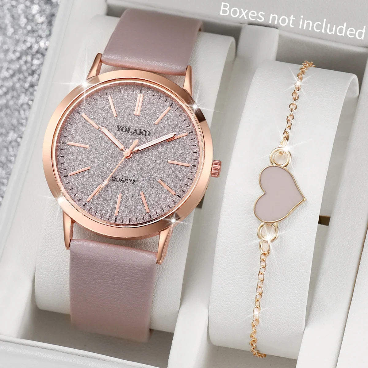 2PCS/Set Fashion Women Leather Strap Wrist Watches Simple Dial Quartz Watch With Heart Bracelet Set (Without Box)