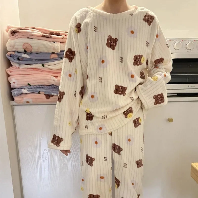 Adorable Sweet Warm Coral Fce Women's Home Clothes Set Autumn Winter Lazy Person's Spwear Long Sve round Ne Two-Pi...