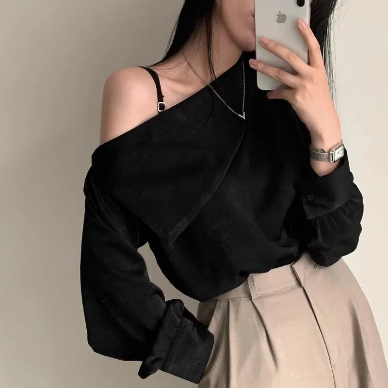 Women's Long Lantern Sleeve Shirt, Sweet Skew Collar, Sexy Off Shoulder Blouse, White Tops, Loose Clothes, Spring, Autumn, 8353