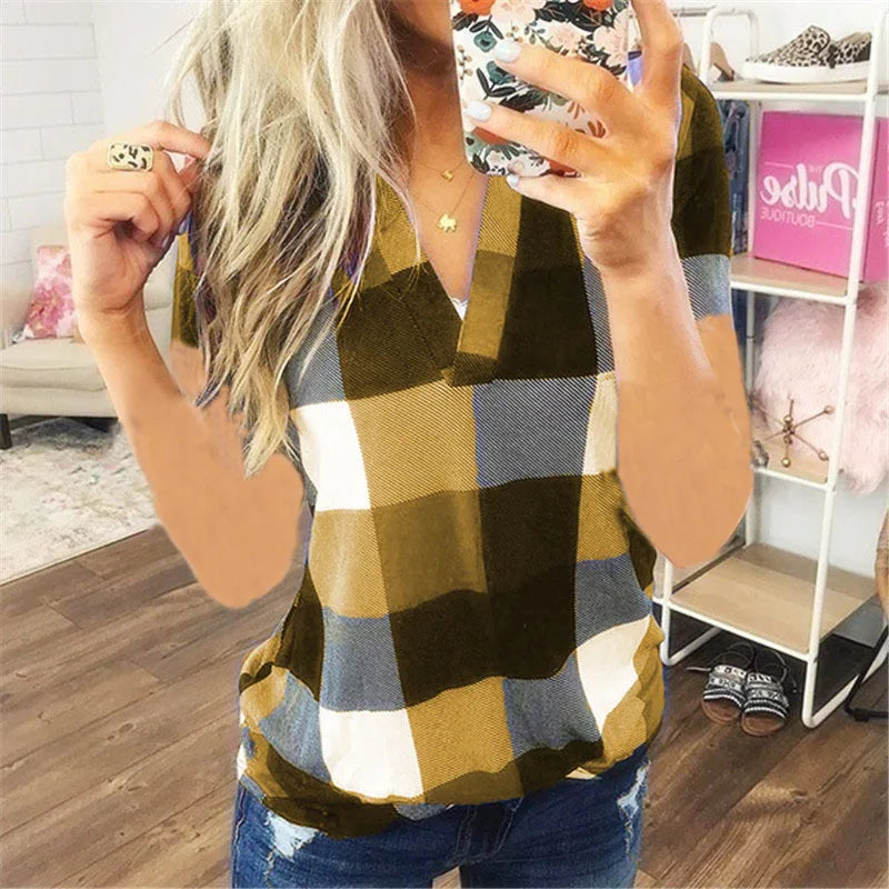 Women Vintage Short Sleeve Shirt V Neck Plaid Shirts Summer Female Casual Blouse Tops Streetwear Korean Style Clearance Sale