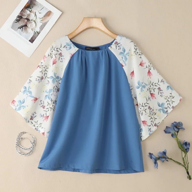 2025 ZANZEA Autumn Printed Blouses Stylish Women Tops Elegant Office Shirt Casual O Neck 3/4 Sleeve Blusas Summer Work Tunic