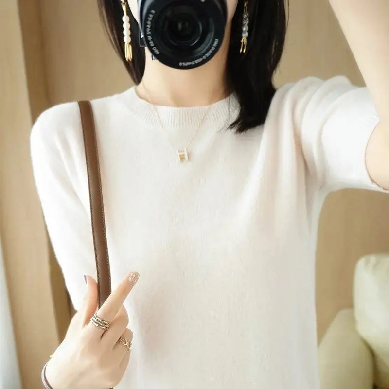 Women Clothing Elegant Fashion O-neck Half Sleeve T-shirts Spring Summer Casual All-match Solid Undershirt Office Lady Knit Tops