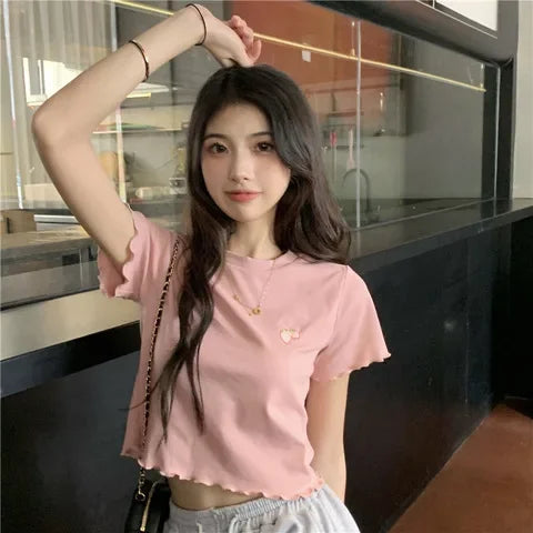 Sweet Spicy Short Crop Top T-Shirt Women's Pink Short Sleeve BM Style Summer Fashion Small Size Female Clothing Polyester Fiber