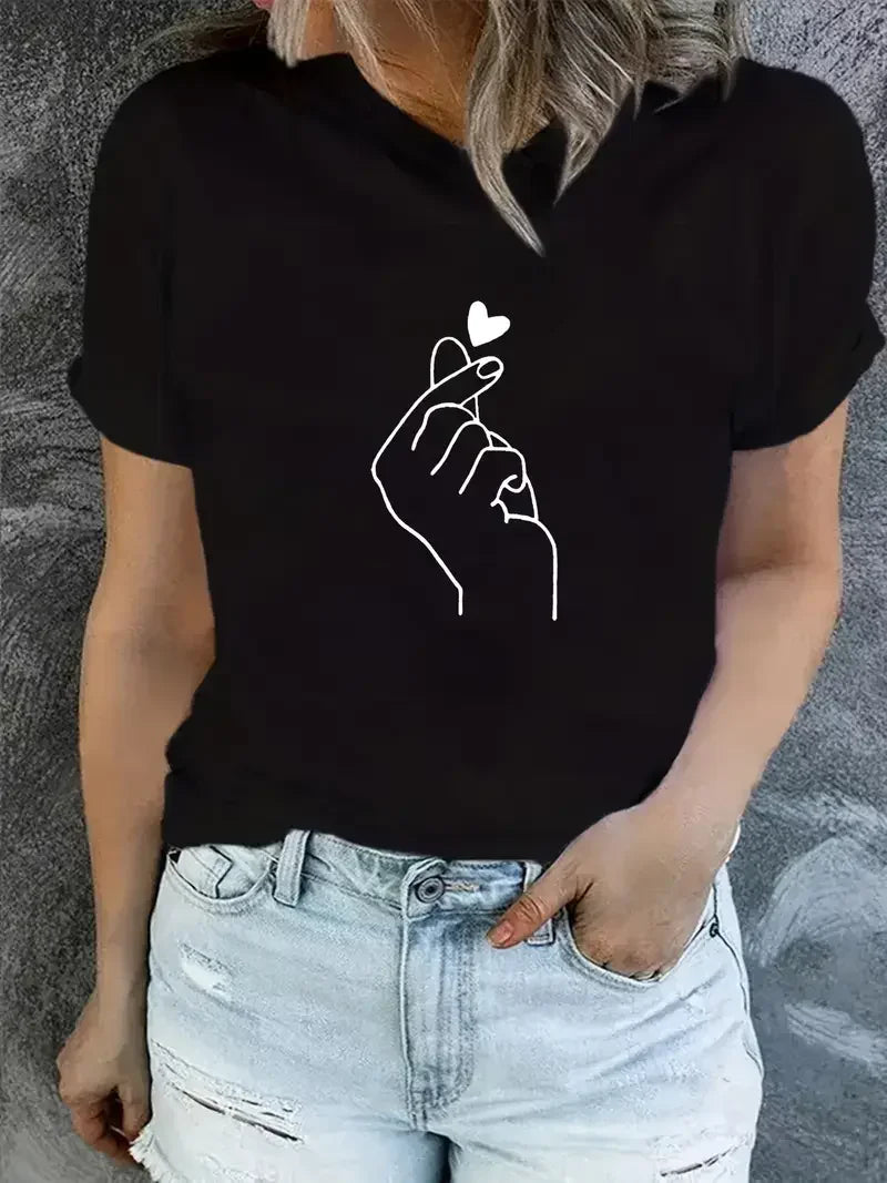 90s Finger Tshirt Heart Print T-Shirt Short Sleeve Crew Neck Casual Top for Summer Spring Women's Clothing Top Tee