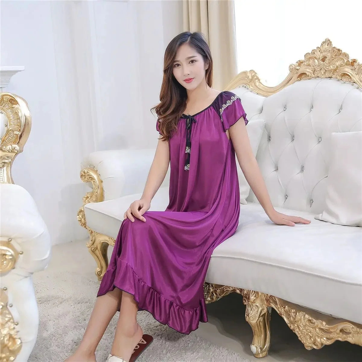 Long Ice Silk Sleep Dress Short Sleeve Women's Nightgown Home Clothes plus Size Simulated Silk Summer Sleepwear Robe