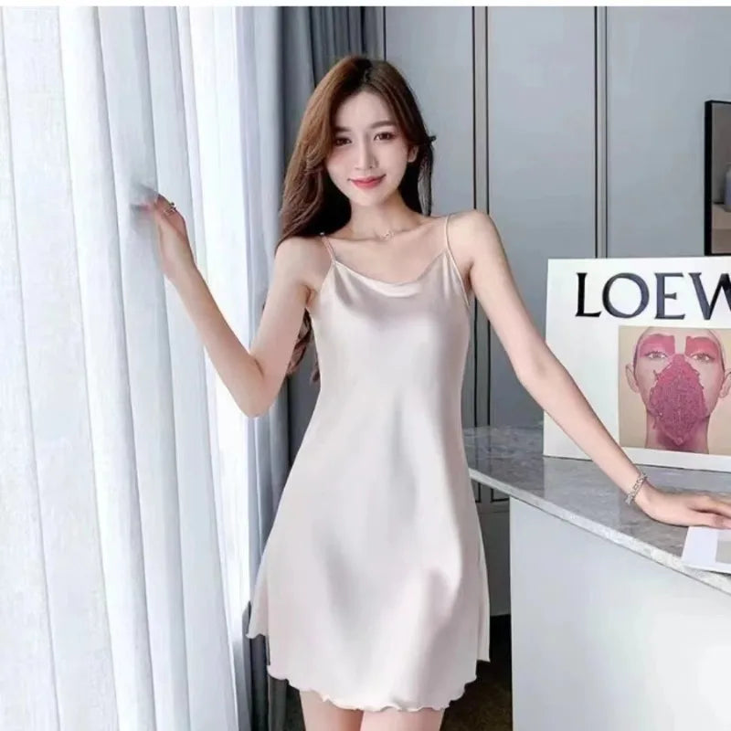 Oversize Satin Nightgown Sexy Woman Nightie Spaghetti Strap Nightdress Short Sleeveless Sleepwear Nightwear