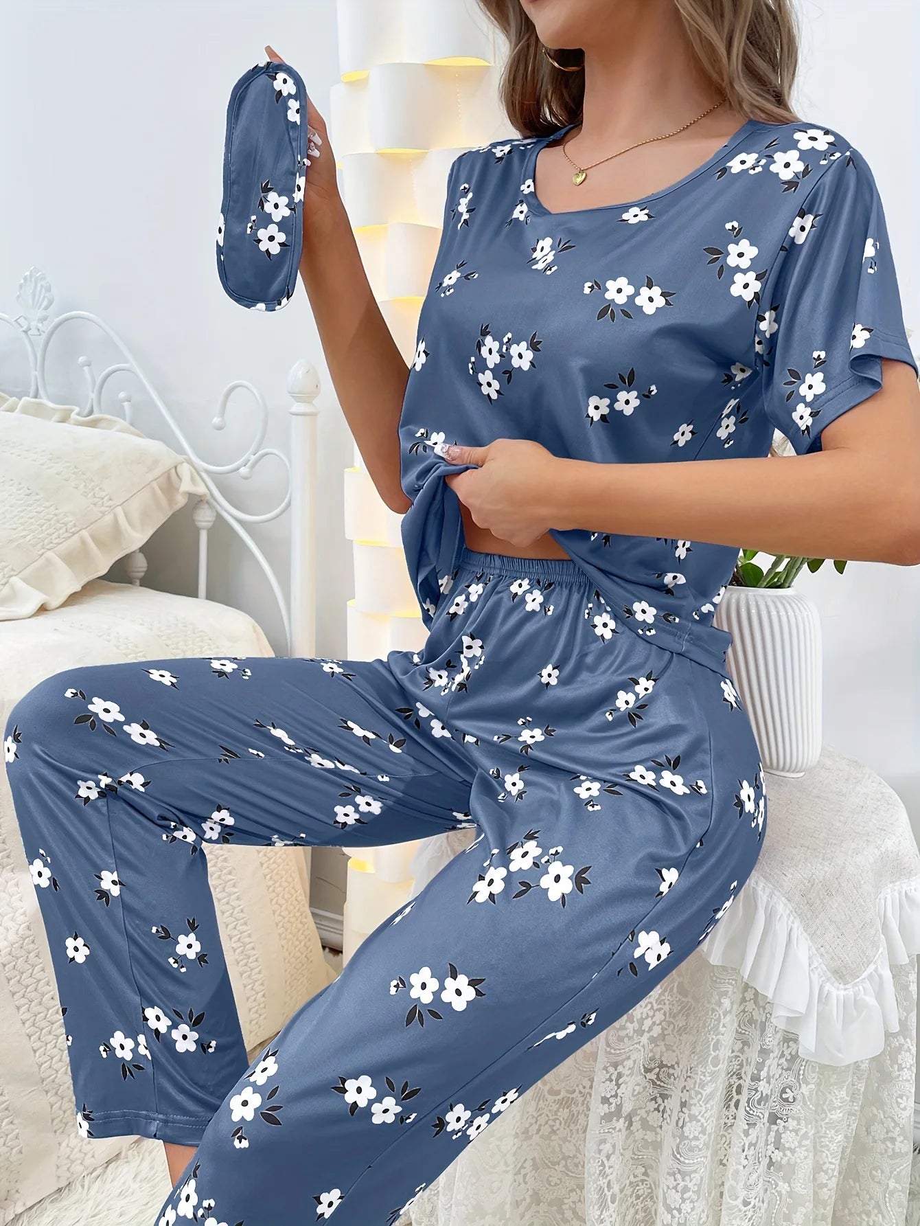 Women's Pajamas Set Milk Silk Printing Pajam Short Sleeve Round Neck Long Pants Lightweight Homewear Loungewear Floral Nightwear