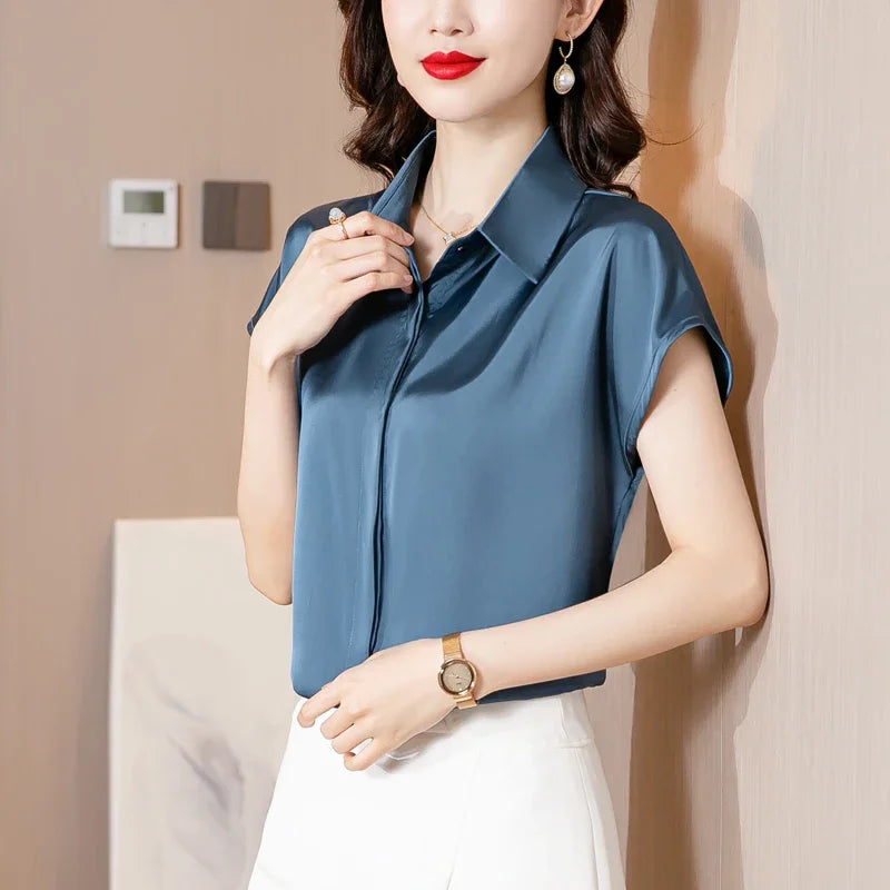Vintage Blouse Women 2025 New Summer Satin Shirt Silk Elegant Womens Tops Short Sleeve Blouses and Shirts Fashion Women Clothing
