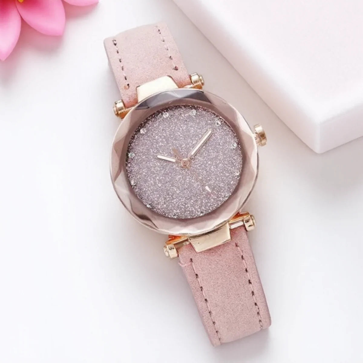 Women's Quartz Watch with Leather Strap Frosted Dial Diamond Starry Design for Elegant Gifting and Daily Use