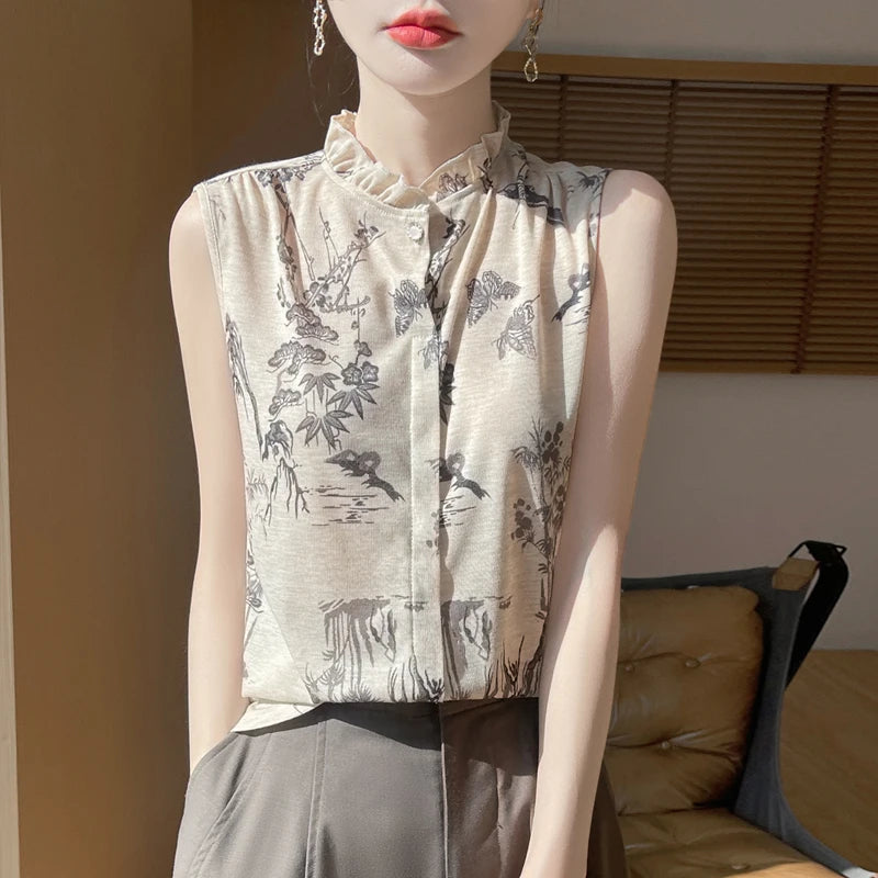 2025 New Chinese Sleeveless Shirt Lace Collar Knit Base Shirt Ink Painting National Style Fashion Western Style Blouse RW M13