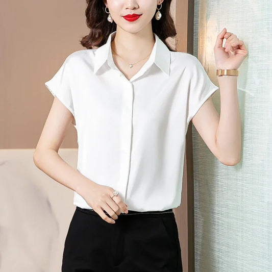 Vintage Blouse Women 2025 New Summer Satin Shirt Silk Elegant Womens Tops Short Sleeve Blouses and Shirts Fashion Women Clothing