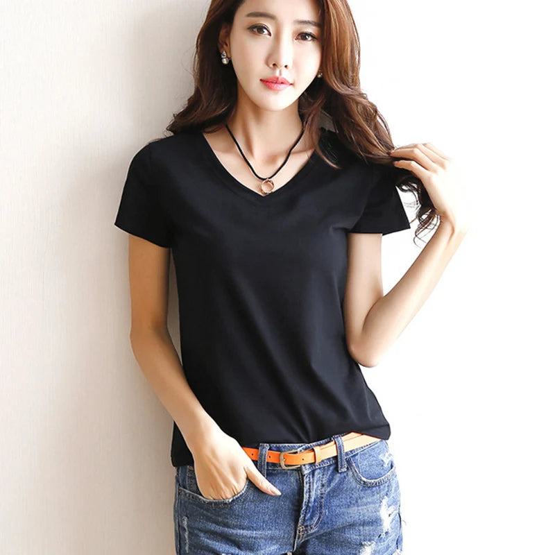 Spring Summer Women T-shirt Black V-Neck Short Sleeve Female Tee Slim White T-Shirt Casual Solid Color Lady Tshirt Tops