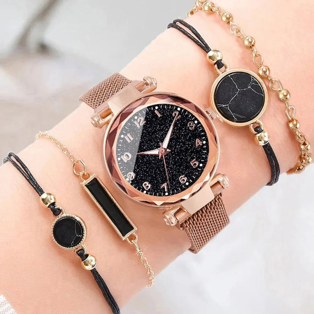 Fashionable Ladies Quartz Watch Set Simple Korean Style with Magnetic Strap Starry Sky Design Versatile Accessory for Women