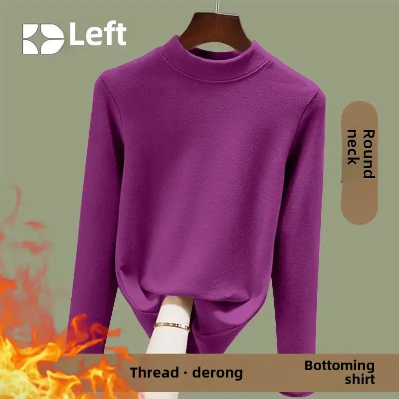 Women's Fleece Lined Long Sleeve Crew Neck Base Shirt Thermal Top Pure Color Spring Autumn Fashionable T-Shirt Polyester Fiber