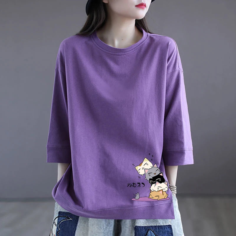 Casual Cotton T-irt Women's Summer Loose Slim Fit Faionable Seven-Quarter Sve round Ne Print Top for Commute
