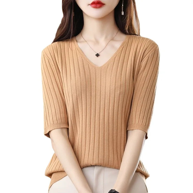 2025 New Spring Summer New Women's V-neck Short-Sleeved Exquisite Cashmere Knitted Sweater Pullover Solid Color