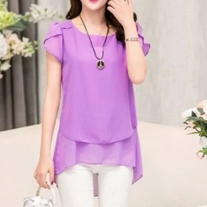 Womens Short Sleeve Chiffon Blouse Peplum Summer Tops Ladies Long Office Shirts  Ruffle Blouse Femme 4XL 5XL