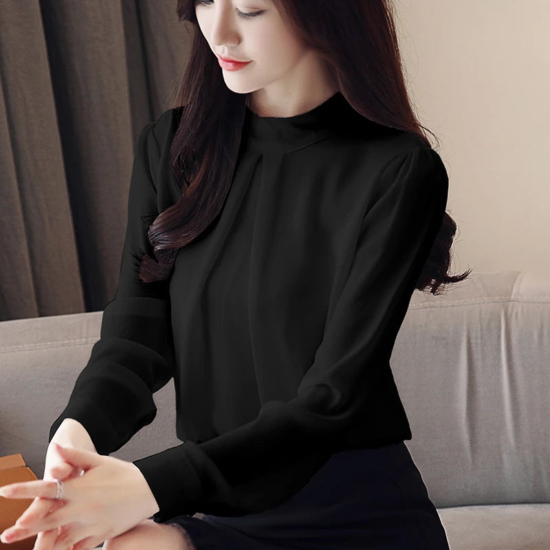 2025 New Spring Autumn Chiffon White Women's Blouse Long Sleeve Stand Collar Elegant Workwear Office Lady Korean Shirts Female