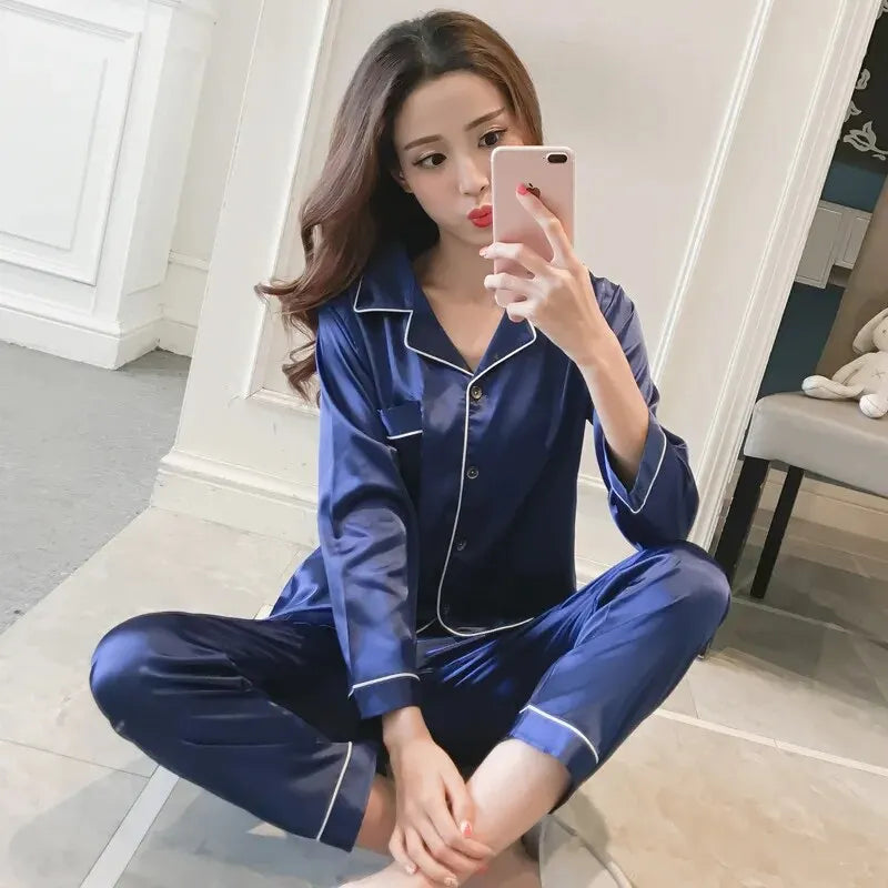 2 Piece Spring and Autumn Women's Pajama Set Silk Fashion V-neck Long Sleeved Pajama and Pants Set Casual Basic Home Clothes