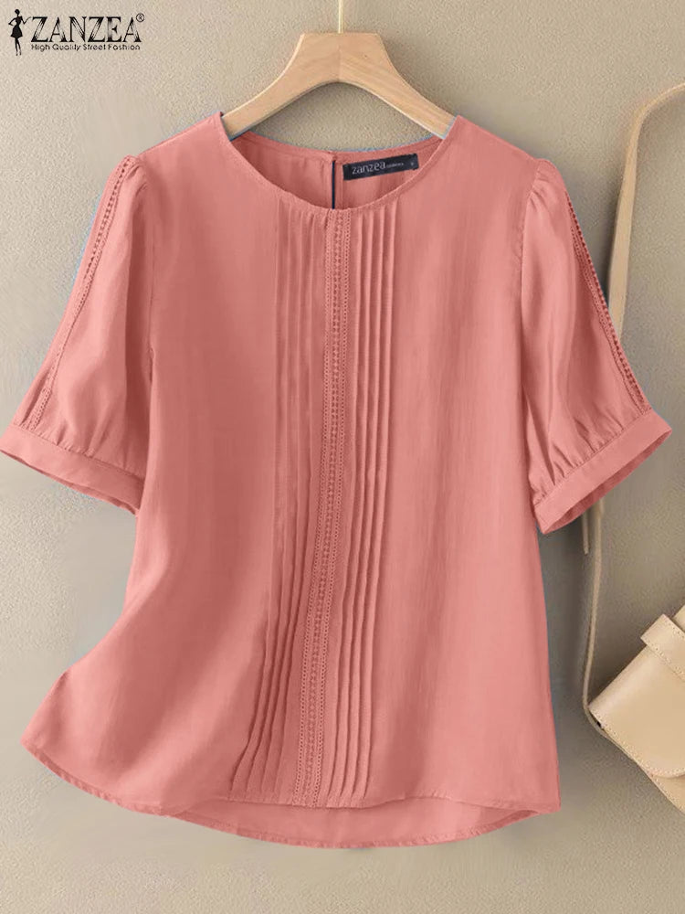 ZANZEA 2025 Summer Blouse Women O-Neck Short Sleeve Tops Elegant Solid OL Work Shirt Fashion Loose Mujer Female Chemise Oversize
