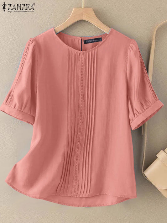 ZANZEA 2025 Summer Blouse Women O-Neck Short Sleeve Tops Elegant Solid OL Work Shirt Fashion Loose Mujer Female Chemise Oversize