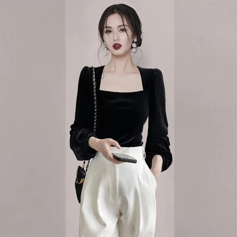 Spring Autumn New Solid Color Fashion Long Sleeve Blouse Women High Street Square Collar Pullovers Korean Style All-match Tops