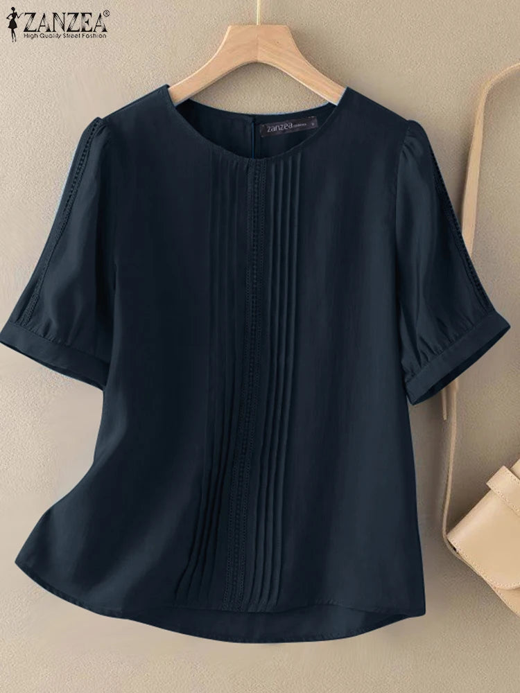 ZANZEA 2025 Summer Blouse Women O-Neck Short Sleeve Tops Elegant Solid OL Work Shirt Fashion Loose Mujer Female Chemise Oversize