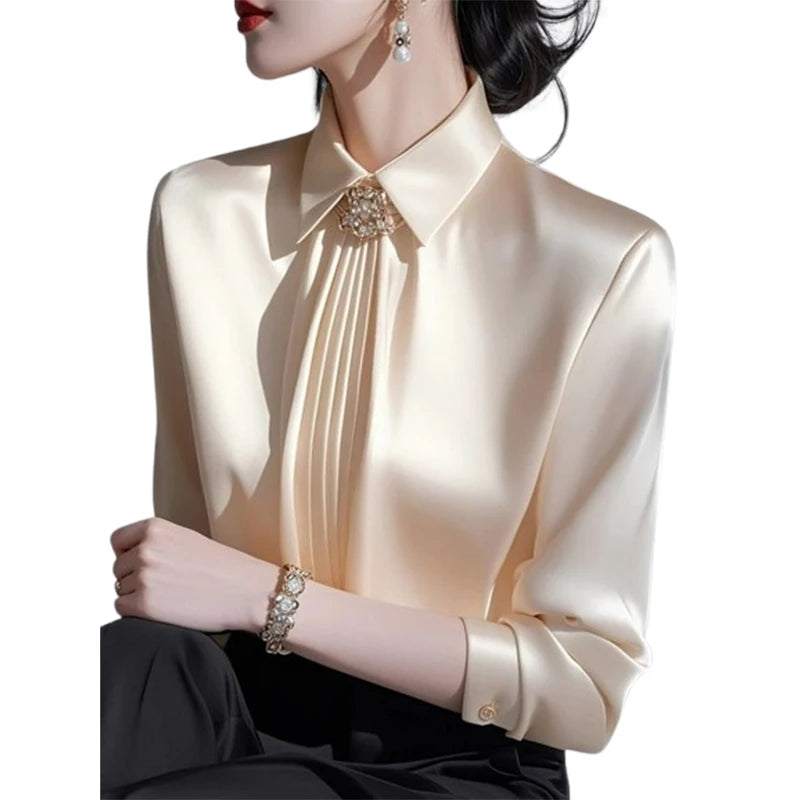 Satin Silk Blouses Women Long Sleeve Casual Blouses Autumn Spring Office Lady Casual Wear Blouses Plus Size