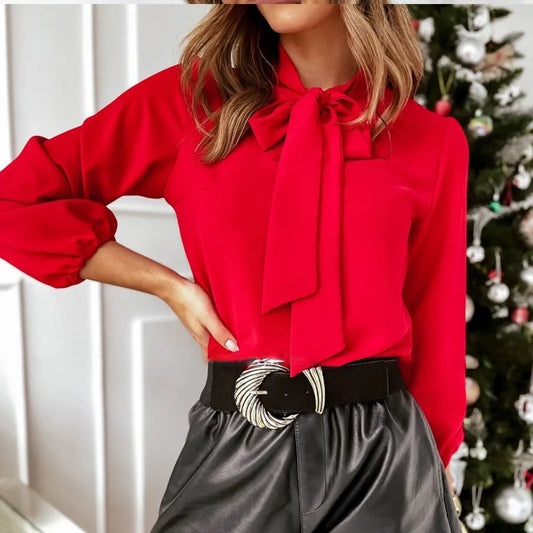 Bright Red Women's Long Sleeve Chiffon Shirt, White Office Pullover Shirts, Black and Green Available