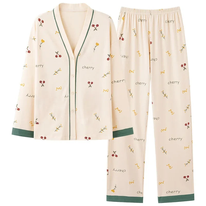 Women's Spring Autumn Long Sleeve Cotton-Like Kimono Loose-Fit V-Neck Sleepwear Sweet Home Clothes Korean Style Outer Wear