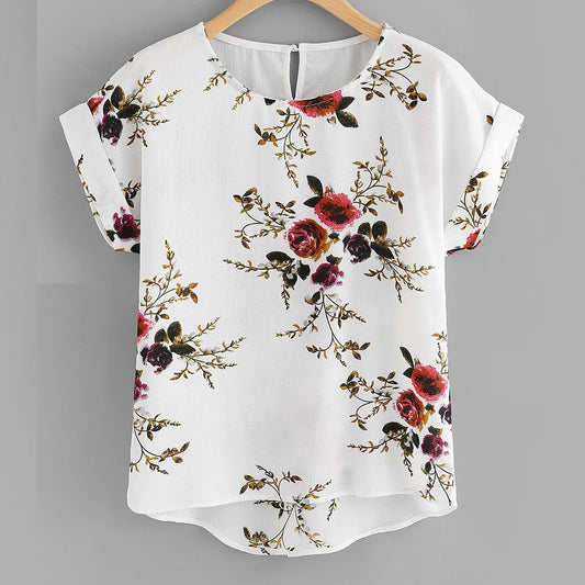 Summer Fashion Floral Print Blouse Pullover Ladies O-Neck Tee Tops Female Women's Short Sleeve Shirt blusas Femininas Clothing