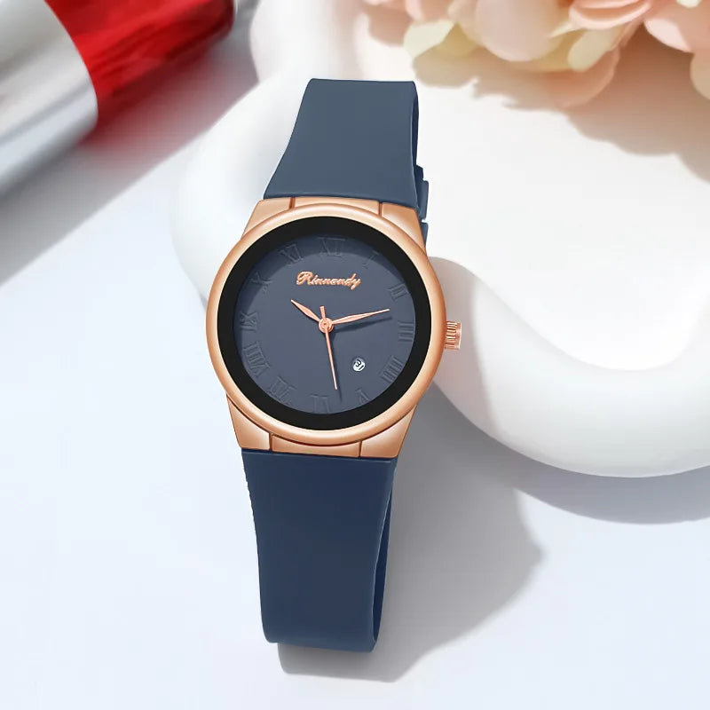 Ladies watch, simple and stylish silicone tape Roman disc with calendar quartz watch