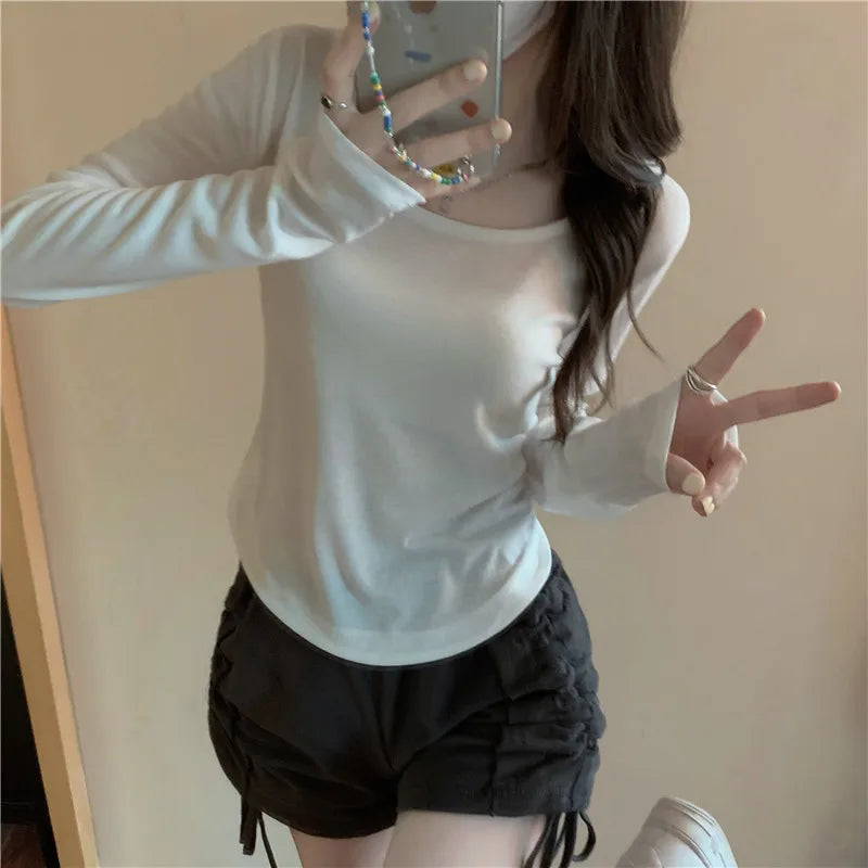 Square Neck Long Sleeve T-Shirt Women Spring  Autumn  New Irregular Hem Slim Casual Top Winter Solid Bottom Shirts New Korean