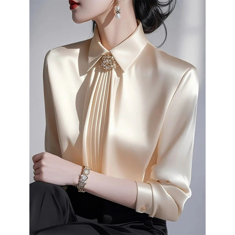 Satin Silk Blouses Women Long Sleeve Casual Blouses Autumn Spring Office Lady Casual Wear Blouses Plus Size