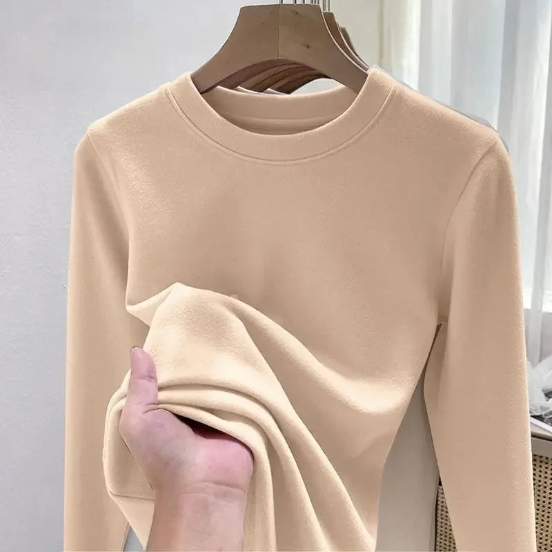 Women's Fleece Lined Long Sleeve T-Shirt Base Layer Shirt Autumn Winter New Style Slimming Versatile Inner Wear Crew Neck Top