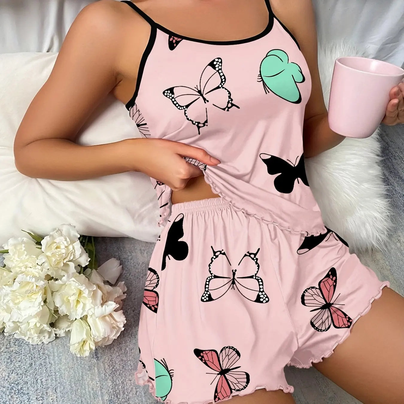 2025 Butterfly Print Pajama Set Lettuce Trim Cami Top Elastic Waistband Shorts Women Sleepwear Loungewear