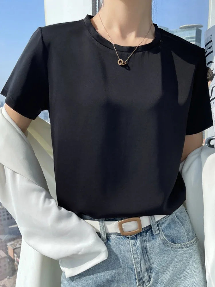 Summer T-shirts Woman O Neck Short Sleeves Tees Satin Klein Blue Champagne Solid Color Loose Women's oversized T Shirt Silk Tops