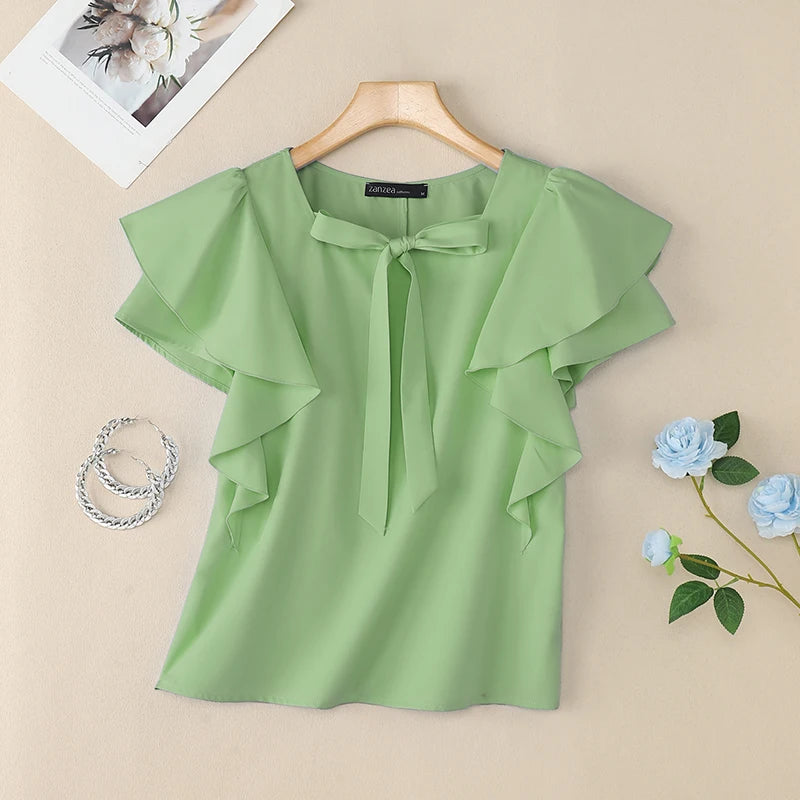2025 ZANZEA Women Square Neck OL Work Blouse Summer Elegant Office Shirts Stylish Short Ruffled Sleeve Tunic Tops Blusas Femme