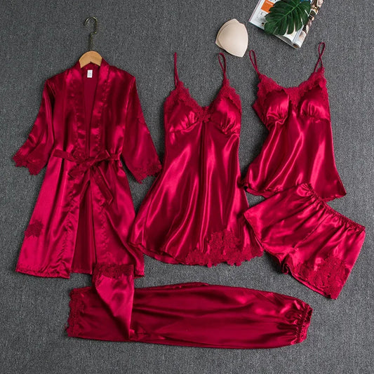 Sexy Summer Ice Silk Long Sleeve Thin Home Clothes Set for Women V-Neck Sleepwear plus Size Bath Robe Included Five-Piece Set