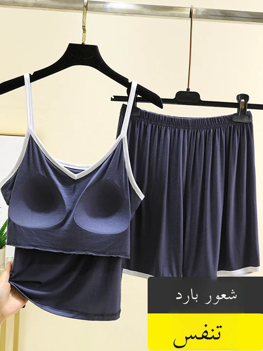 Modal Thin Women's Nightgown Set with Chest Pad V-Ne ort Pants Two-Piece Suit Home Clothes Outdoor Wear No Bra Needed