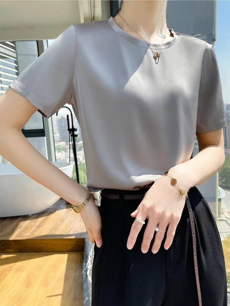 Summer T-shirts Woman O Neck Short Sleeves Tees Satin Klein Blue Champagne Solid Color Loose Women's oversized T Shirt Silk Tops