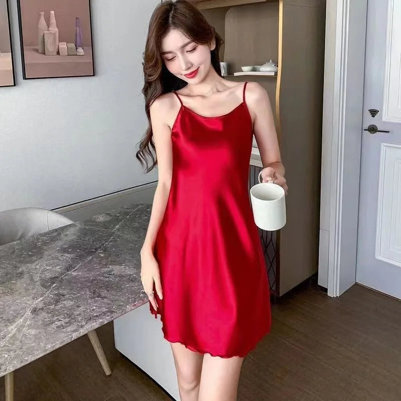 Oversize Satin Nightgown Sexy Woman Nightie Spaghetti Strap Nightdress Short Sleeveless Sleepwear Nightwear