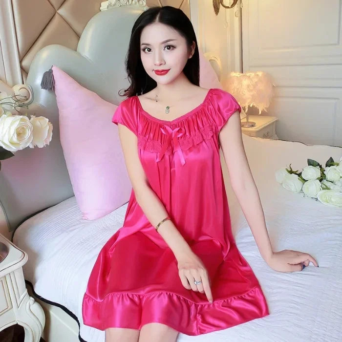 Summer Ice Silk Short Sleeve Loose plus Size Lace Nightgown Sexy Home Clothes Dress for Women Comfortable Breathable Sleepwear