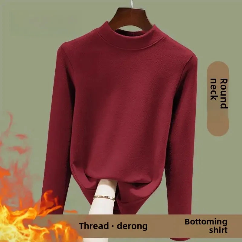 Women's Fleece Lined Long Sleeve Crew Neck Base Shirt Thermal Top Pure Color Spring Autumn Fashionable T-Shirt Polyester Fiber