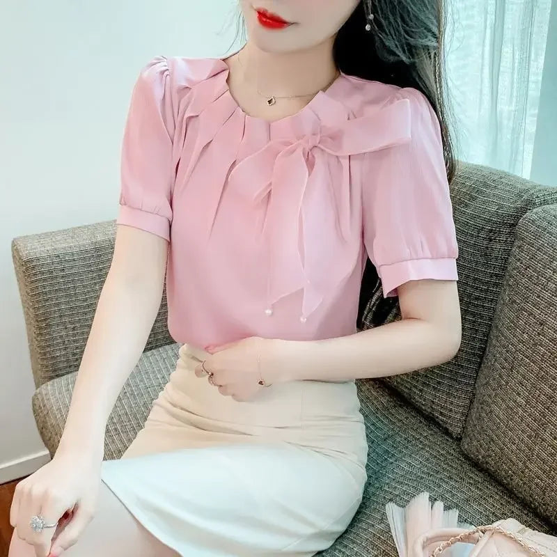 Summer New Elegant Korean Style Round Neck Ruffles Bow Short Sleeve Chiffon Blouse For Women Beautiful Sweet Little Blouse