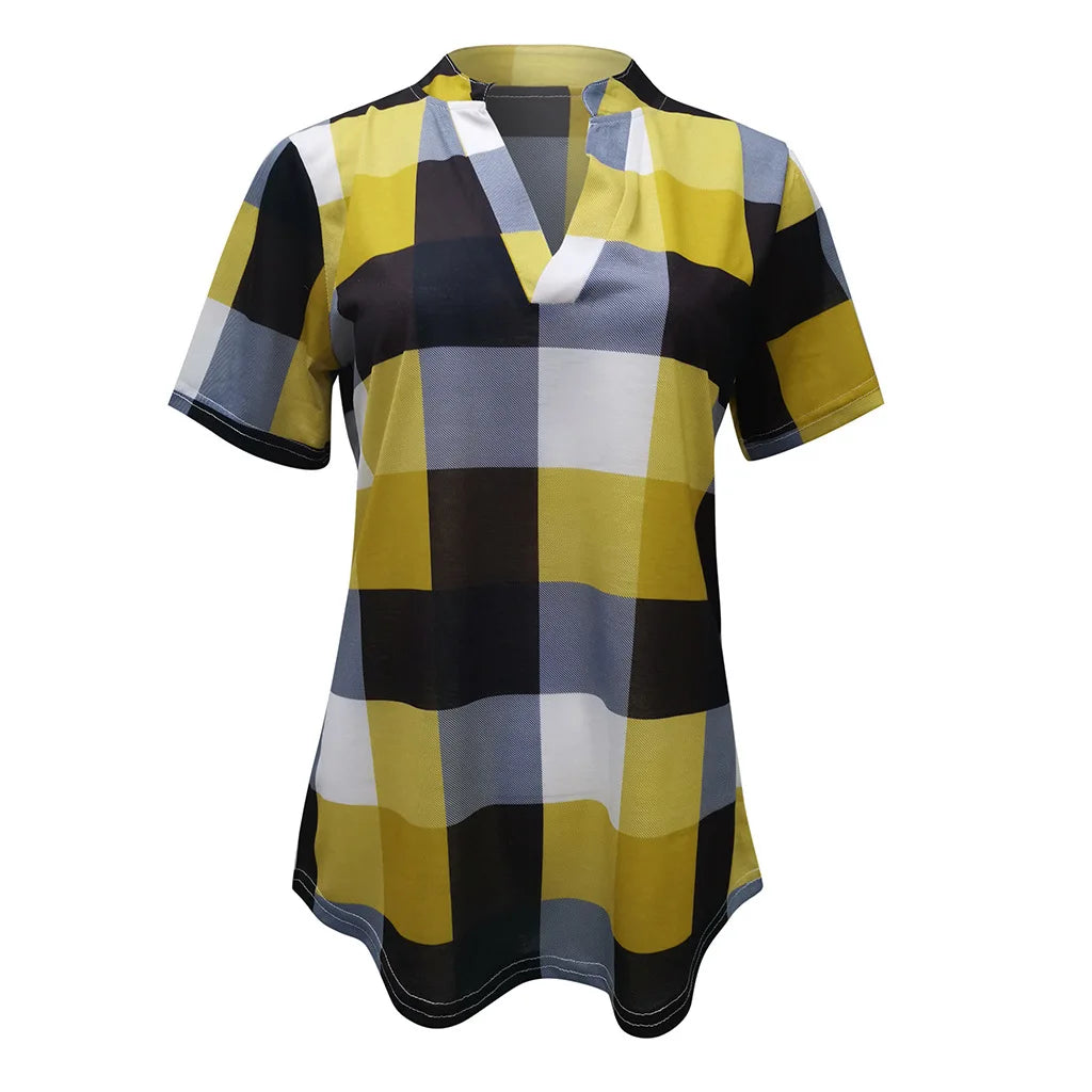 Women Vintage Short Sleeve Shirt V Neck Plaid Shirts Summer Female Casual Blouse Tops Streetwear Korean Style Clearance Sale